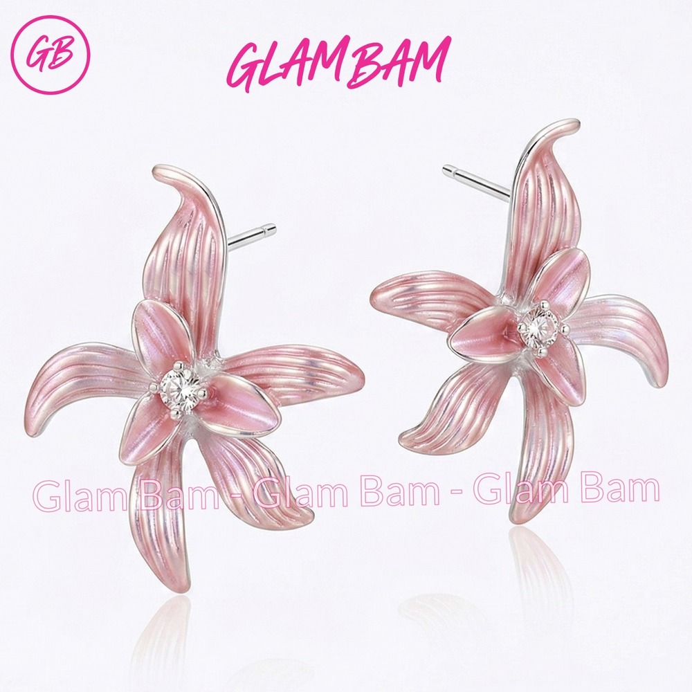 Elegant Pink Enamel Flower Stud Earrings Zircon Center Silver Post